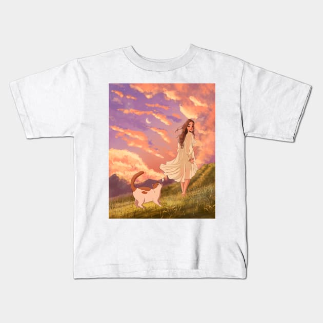 Girl walking on nature with cat Kids T-Shirt by la'lunadraw